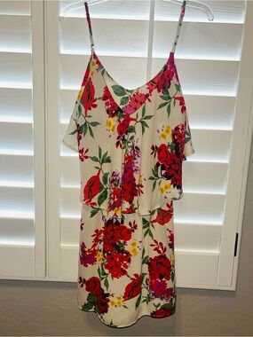 Floral Spaghetti-Strap Mini Dress in White with Red & Pink Blooms